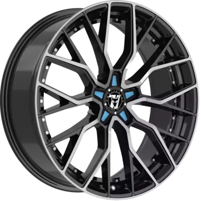 Wolfrace 71 Munich GTR Custom Gloss Raven Black Polished Blue Inserts Alloy Wheels Image