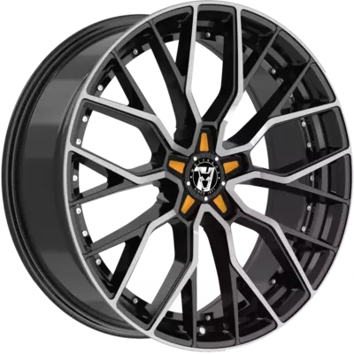 Wolfrace 71 Munich GTR Custom Gloss Raven Black Polished Orange Inserts Alloy Wheels Image