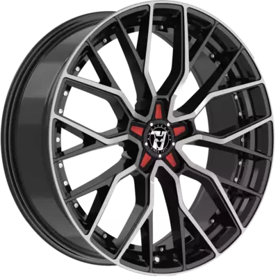 Wolfrace 71 Munich GTR Custom Gloss Raven Black Polished Red Inserts Alloy Wheels Image