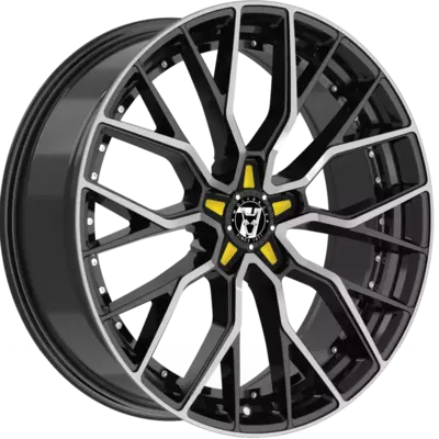 Wolfrace 71 Munich GTR Custom Gloss Raven Black Polished Yellow Inserts Alloy Wheels Image