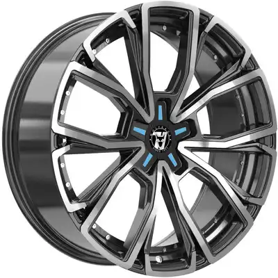 8.5x18 Wolfrace 71 Matrix Custom Gloss Raven Black Polished Blue Inserts Alloy Wheels Image