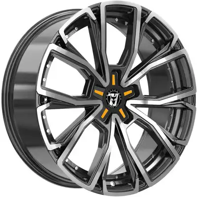 8.5x18 Wolfrace 71 Matrix Custom Gloss Raven Black Polished Orange Inserts Alloy Wheels Image