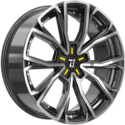 8.5x18 Wolfrace 71 Matrix Custom Gloss Raven Black Polished Yellow Inserts Alloy Wheels Image