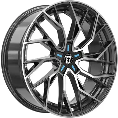 8.5x18 Wolfrace 71 Voodoo Custom Gloss Raven Black Polished Blue Inserts Alloy Wheels Image