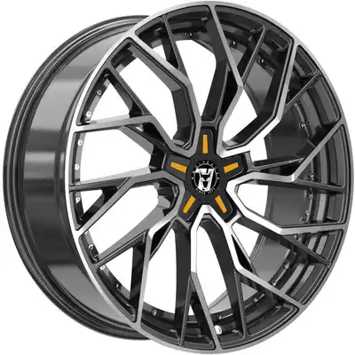 8.5x18 Wolfrace 71 Voodoo Custom Gloss Raven Black Polished Orange Inserts Alloy Wheels Image