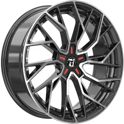 8.5x18 Wolfrace 71 Voodoo Custom Gloss Raven Black Polished Red Inserts Alloy Wheels Image