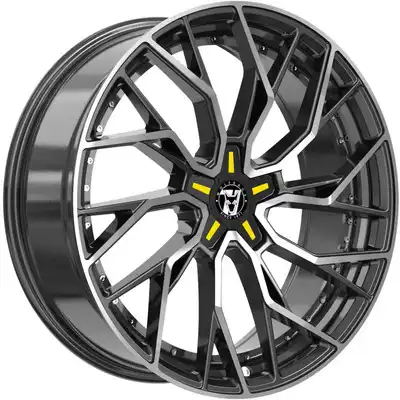 8.5x18 Wolfrace 71 Voodoo Custom Gloss Raven Black Polished Yellow Inserts Alloy Wheels Image