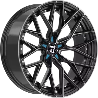 Wolfrace 71 Wolfsburg GTR Custom Gloss Raven Black Polished Blue Inserts Alloy Wheels Image