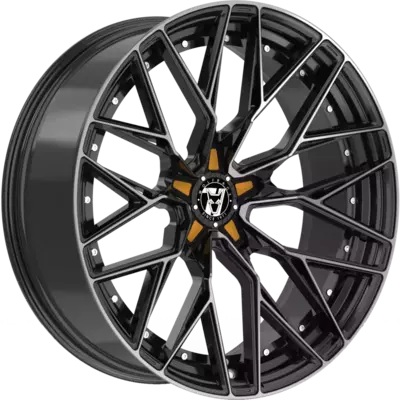 Wolfrace 71 Wolfsburg GTR Custom Gloss Raven Black Polished Orange Inserts Alloy Wheels Image