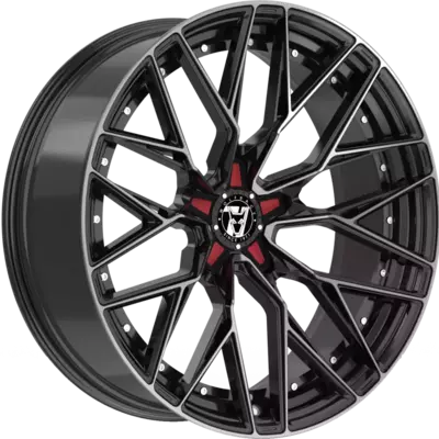 Wolfrace 71 Wolfsburg GTR Custom Gloss Raven Black Polished Red Inserts Alloy Wheels Image