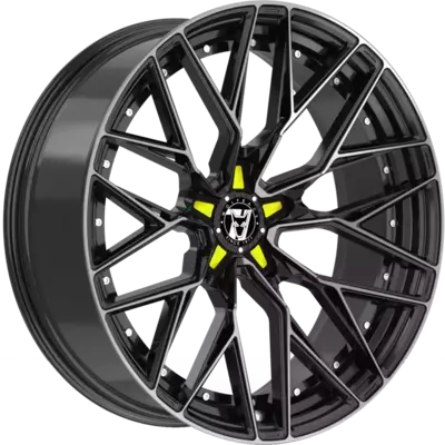 Wolfrace 71 Wolfsburg GTR Custom Gloss Raven Black Polished Yellow Inserts Alloy Wheels Image