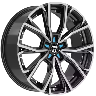 Wolfrace 71 Matrix CUSTOM 2 Gloss Raven Black Polished Blue Inserts Alloy Wheels Image