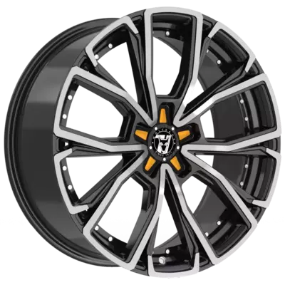 Wolfrace 71 Matrix CUSTOM 2 Gloss Raven Black Polished Orange Inserts Alloy Wheels Image