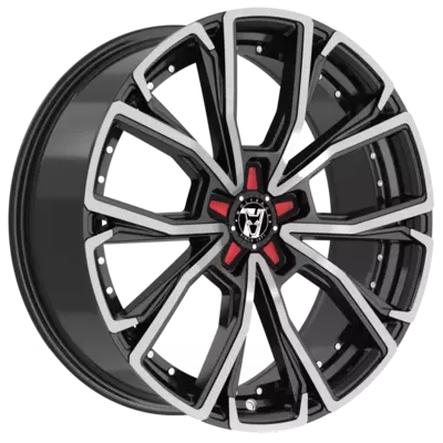 Wolfrace 71 Matrix CUSTOM 2 Gloss Raven Black Polished Red Inserts Alloy Wheels Image