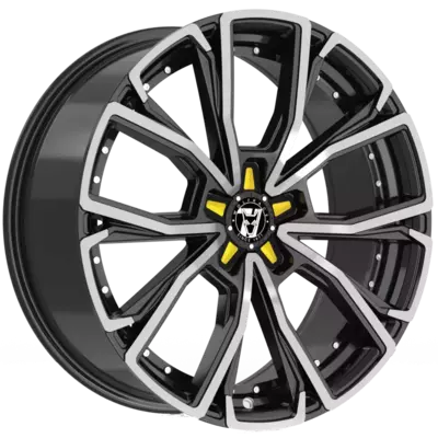 Wolfrace 71 Matrix CUSTOM 2 Gloss Raven Black Polished Yellow Inserts Alloy Wheels Image