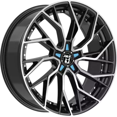 Wolfrace 71 Voodoo Custom Gloss Raven Black Polished Blue Inserts Alloy Wheels Image