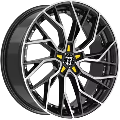 Wolfrace 71 Voodoo Custom Gloss Raven Black Polished Yellow Inserts Alloy Wheels Image