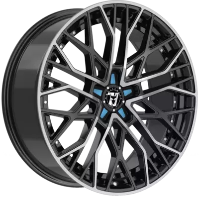 Wolfrace 71 Venom Custom Gloss Raven Black Polished Blue Inserts Alloy Wheels Image