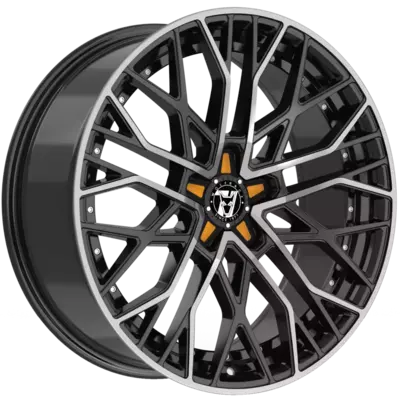 Wolfrace 71 Venom Custom Gloss Raven Black Polished Orange Inserts Alloy Wheels Image