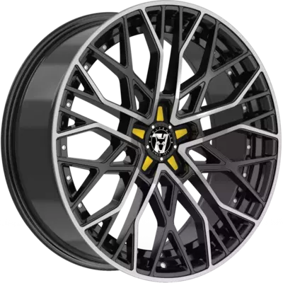 Wolfrace 71 Venom Custom Gloss Raven Black Polished Yellow Inserts Alloy Wheels Image