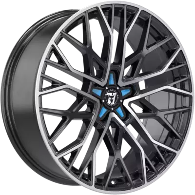 9x20 Wolfrace 71 Venom Custom Gloss Raven Black Polished Blue Inserts Alloy Wheels Image