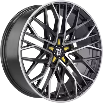 9x20 Wolfrace 71 Venom Custom Gloss Raven Black Polished Yellow Inserts Alloy Wheels Image