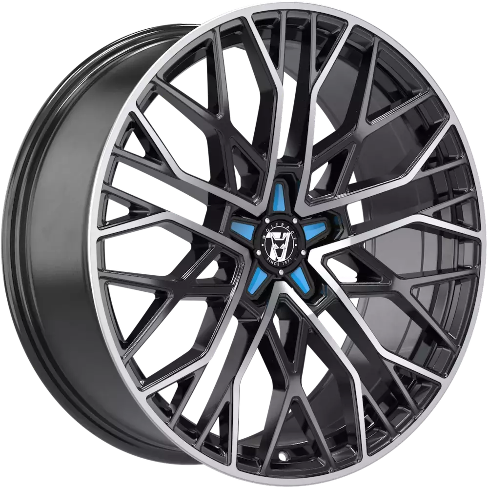 9x20 Wolfrace 71 Venom Custom Gloss Raven Black Polished Blue Inserts